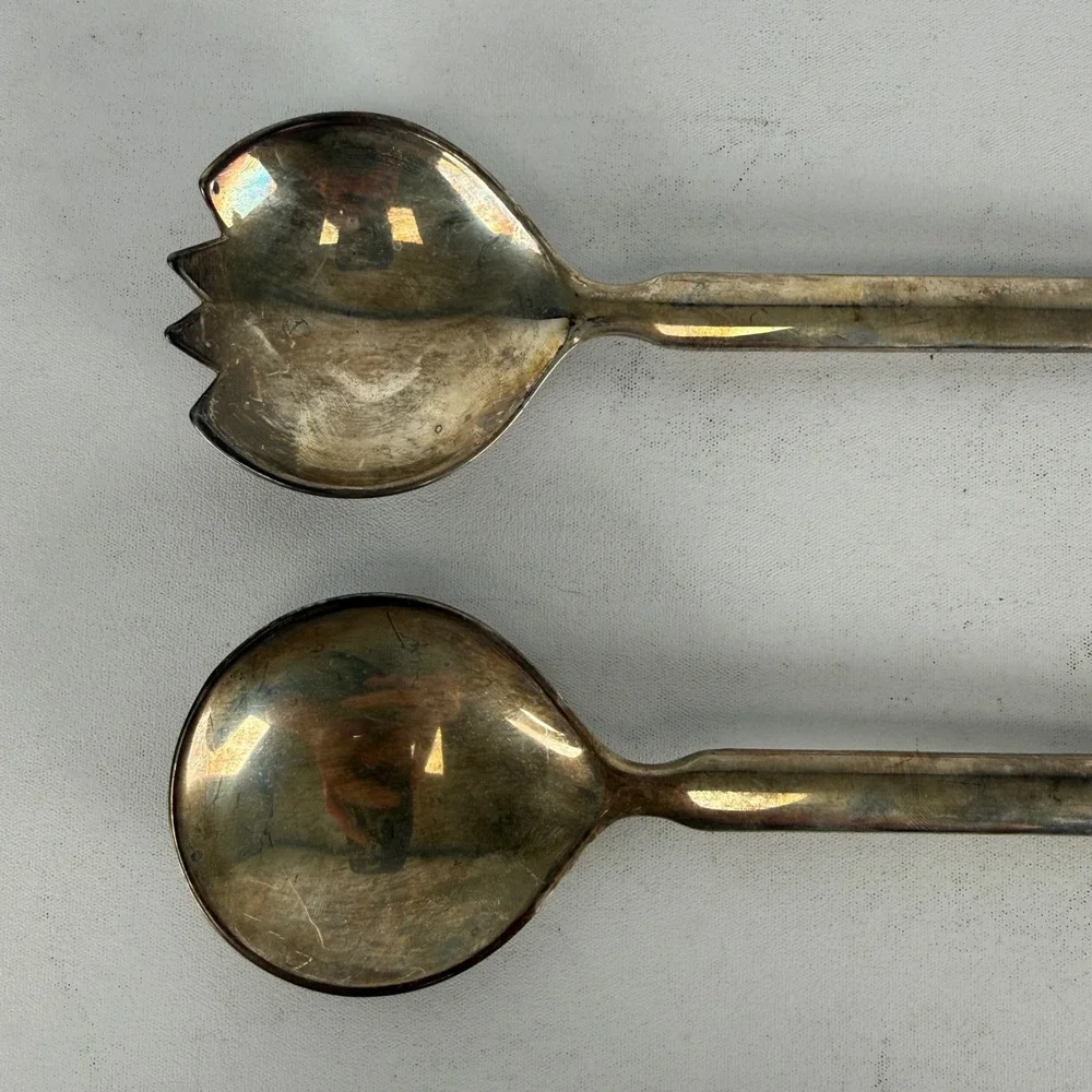 Vintage Silver Tone Salad Serving Set Ribbed Handle Spoon Fork 9.25 Inch
